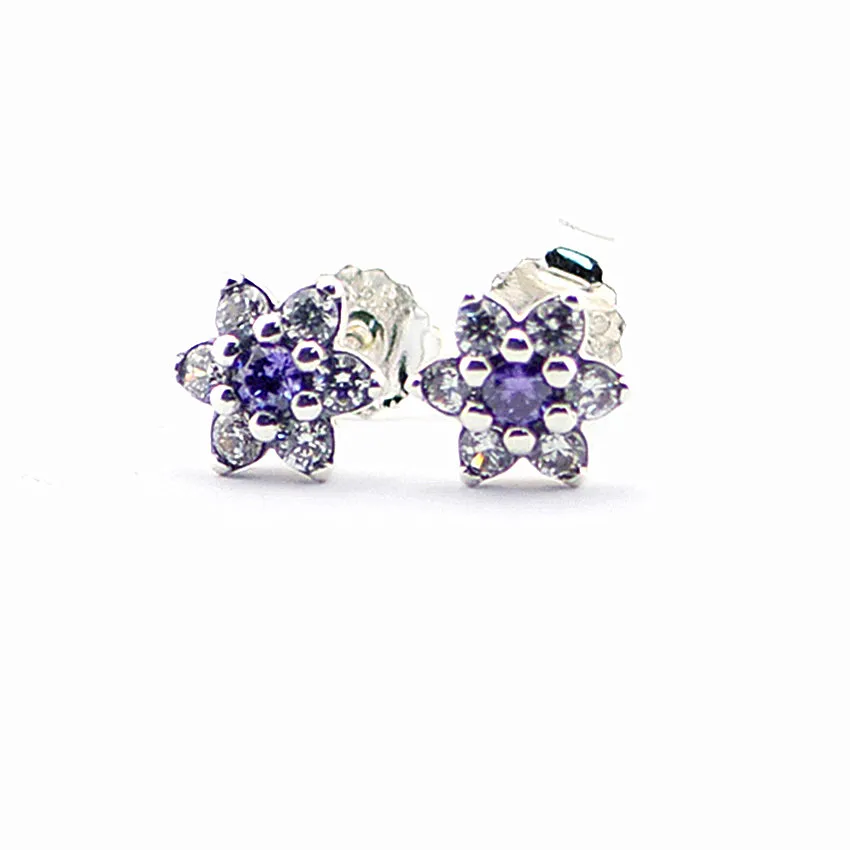 

Original 925 Sterling Silver Earring Forget Me Not with Purple & Clear CZ Stud Earrings For Women Wedding Gift Europe Jewelry
