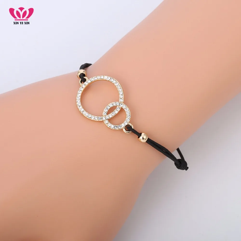 

New Design Gold Double Circles Charms Bracelet for Women Elastic Rope Adjustable Chain Crystal Bracelet Dropshipping 2018