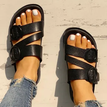 

Summer Women Gladiator Slippers Buckle Strap Flip Flops Fashion Female PU Flat Slides Non-Slip Ladies Solid Outdoor Casual Shoes