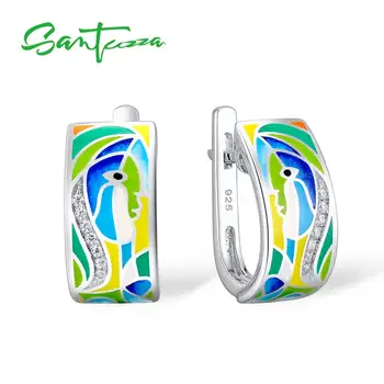 

SANTUZZA Silver Earrings For Women 925 Sterling Silver Face Earrings White CZ Stones Fashion Jewelry Colorful Enamel Handmade