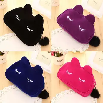 

Portable Lovely Cat Cartoon Pattern Storage Bag Women Travel Makeup Make up Velvet Bag Cosmetic Bag