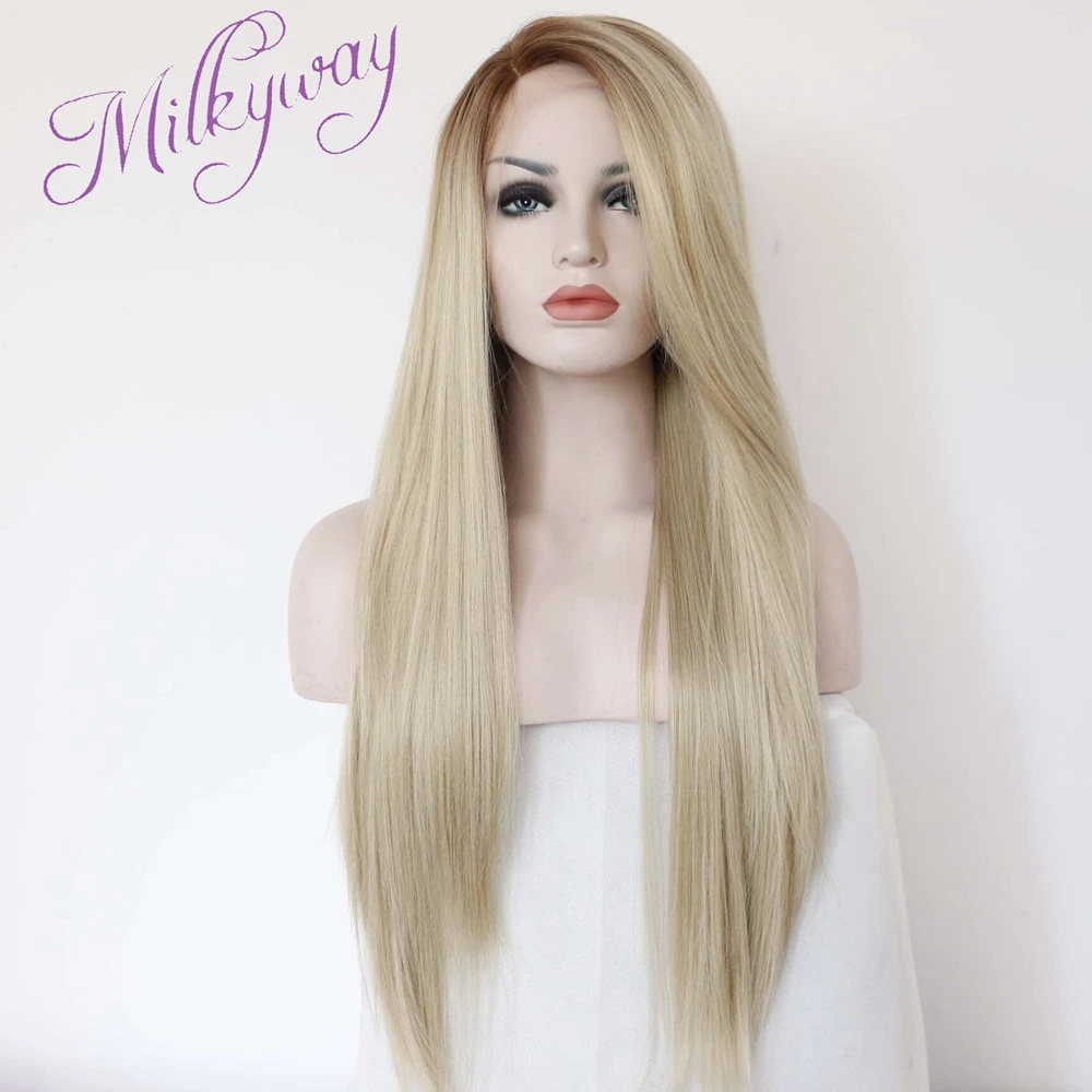 Free shipping Natural straight Ombredark brown blond gray mixed Synthetic Lace Front Wig Glueless Heat Resistant Hair Women Wigs