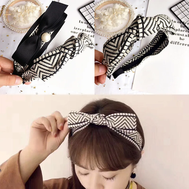 

Fashion Peal Rabbit Ears Hair Hoop Headband Hairband for Women Girls Black and white geometry Hair Band Hair Accessories