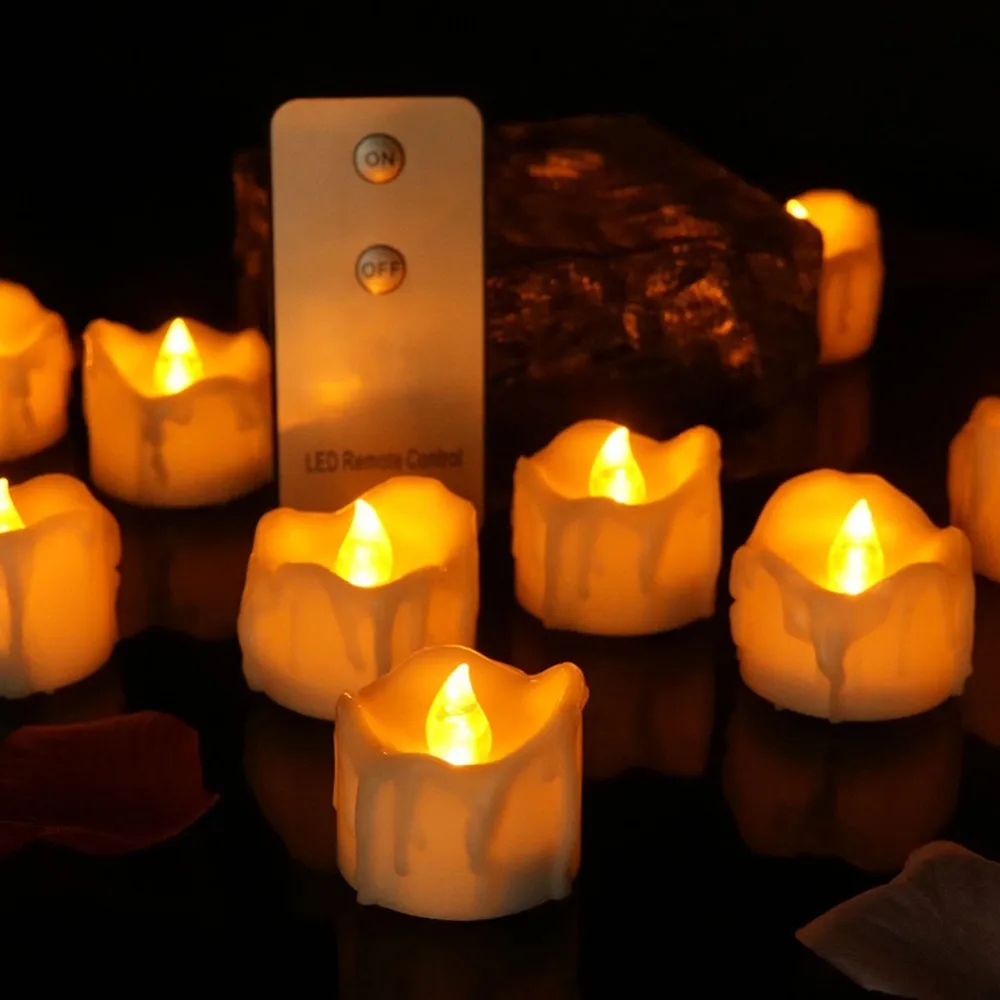 12 шт./упак. мерцание Чай светильник включает аккумулятор пульта дистанционного Управление светодиодный лампы в форме свечи буж velas Электрический chandelle вечерние на день рождения свечи
