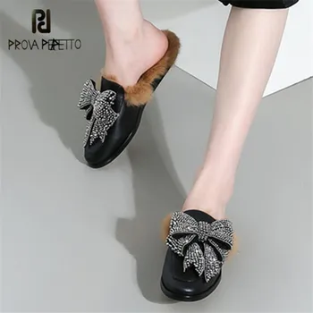 

Prova Perfetto Hot Sale Women Fur Slippers Autumn Winter Warm Flat Shoes Woman Crystal Bowknot Slipper Female Mules Flats