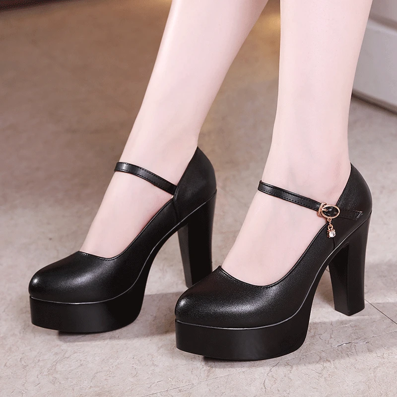 Черные туфли из натуральной кожи женские туфли-лодочки на высоком каблуке с пряжкой и кристаллами для танцев женские туфли-лодочки на платформе для вечеринок и работы