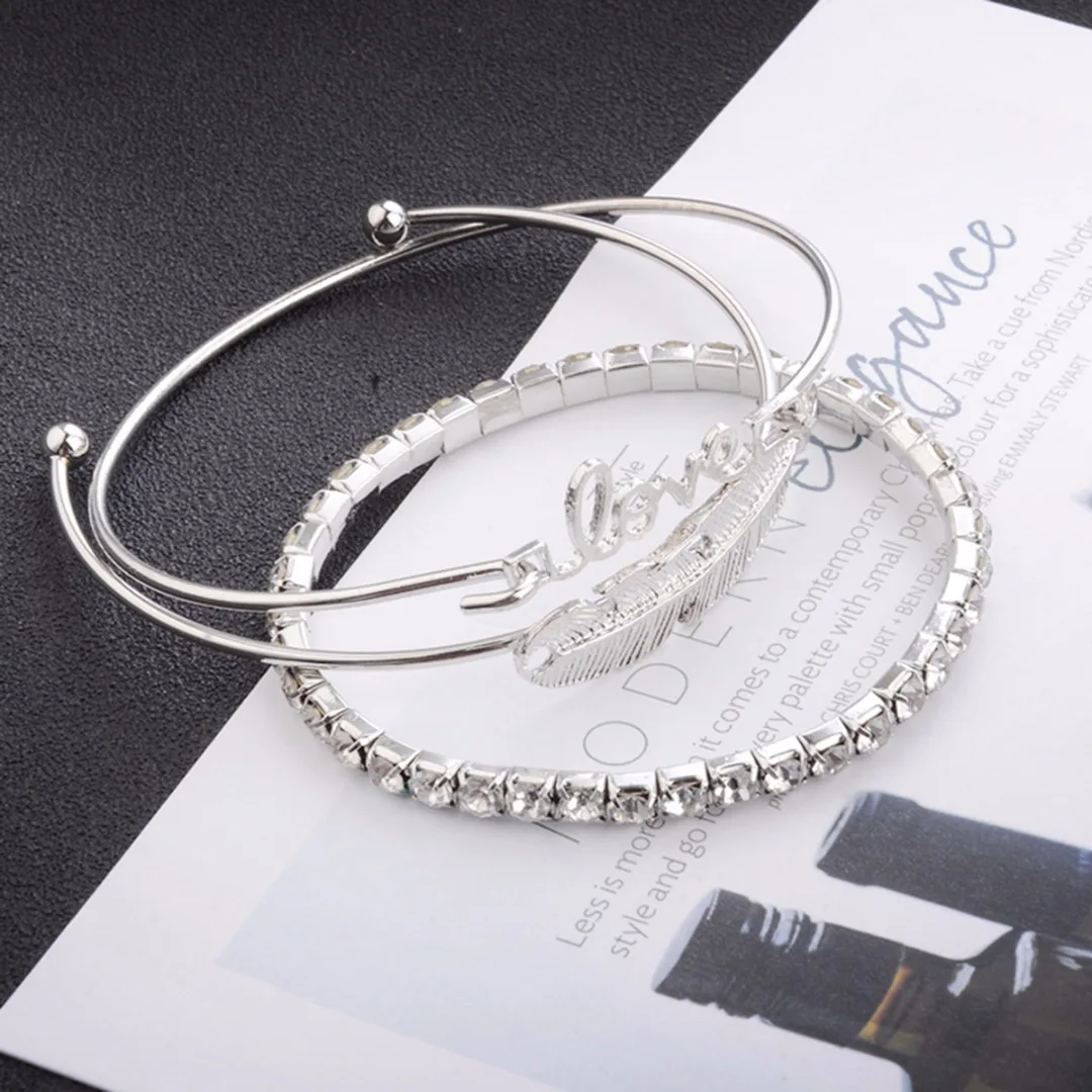 3pcs/Set Women Leaf Feather Love Crystal Rhinestone Open Bangle Bracelets