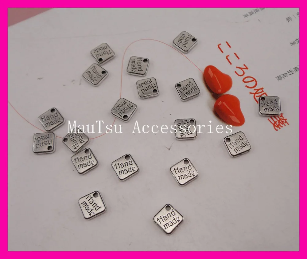 

100PCS 8mm Square Zinc Alloy Beads Charms with double sizes " Handmade " Words and a hole for Mark DIY Jewelry Ornaments