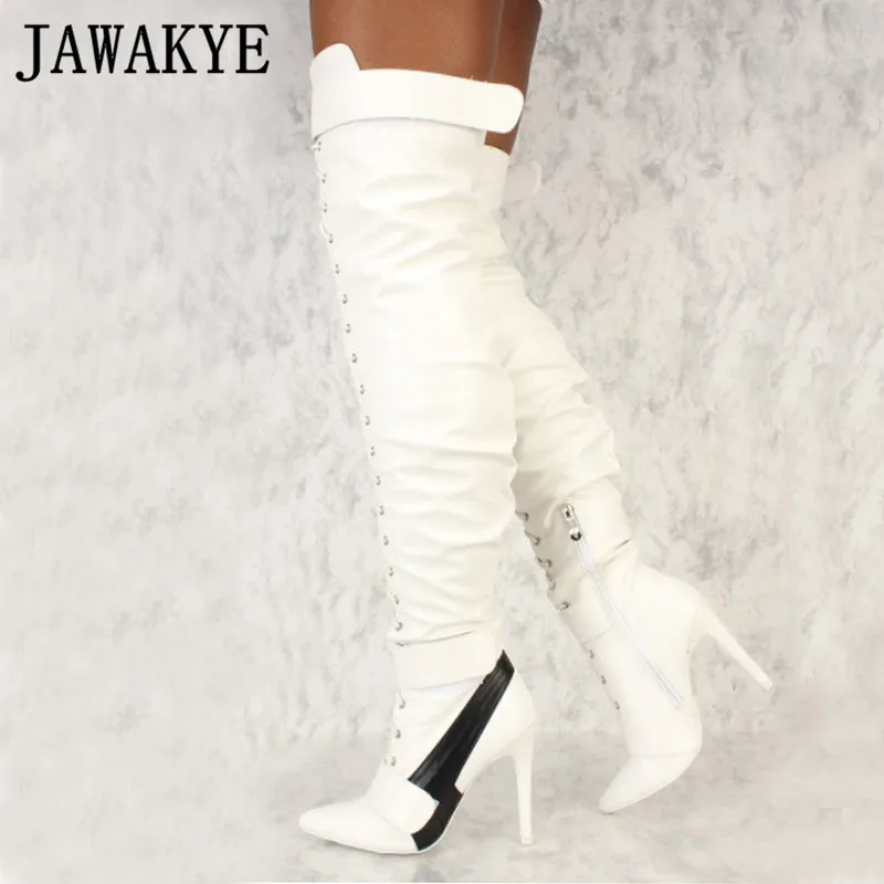 

Runway Patchwork Mixed Color Over The Knee Boots Women Pointed Toe Thin High Heels Belt Cross Tied Long Boots Botas Feminine