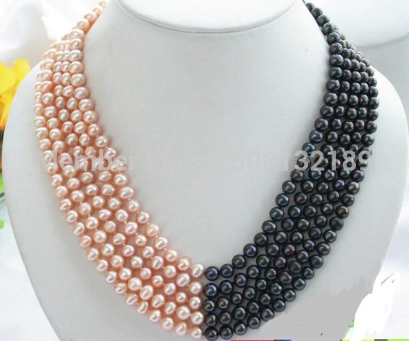 

j00417 Luster 5row 7MM PINK BLACK FRESHWATER PEARL NECKLACE NEW