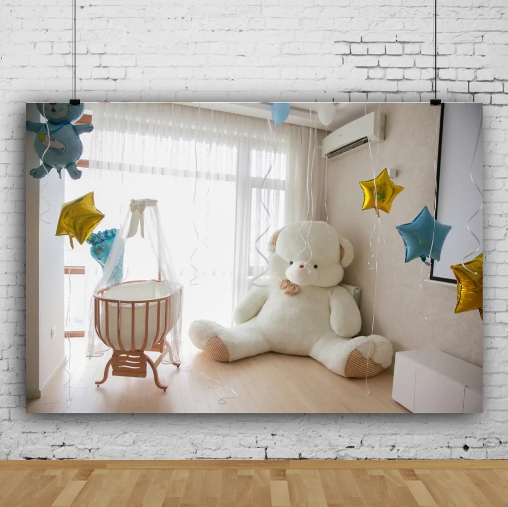 Laeacco Photo Backgrounds Baby Teddy Bear Birthday Party Star Balloon Gift Window Interior Photo Backdrop Photocall Photo Studio