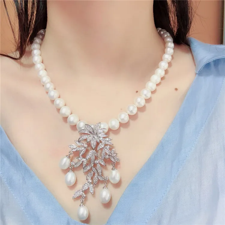 

Hand knotted natural 9-10mm white freshwater pearl leaves micro inlay zircon accessoriese clasp sweater necklace long 45 cm