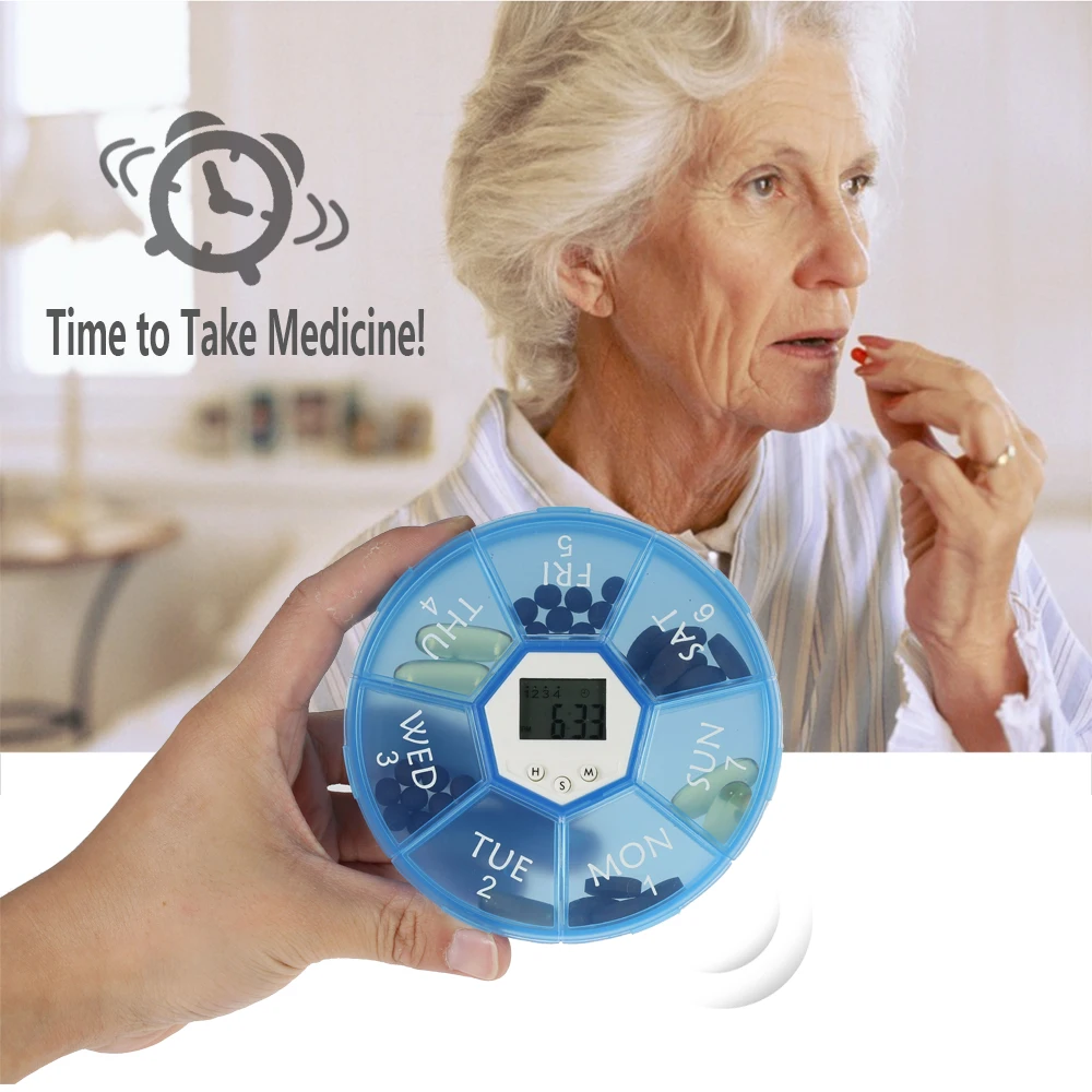 

Carevas Pill Box Organizer with Timer LED Light 7-Day Medicine Reminder Pill Dispenser Planner Beeping Sound Alarm Clock