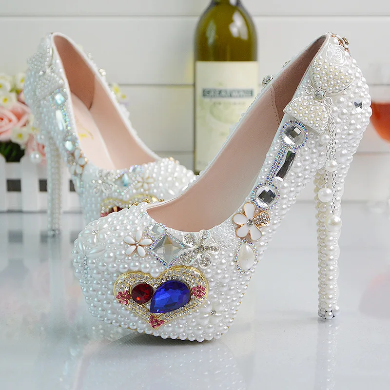 New 2016 Brands Beautiful Pearl Lace manual White Wedding Shoes Women Pumps Party Dance Sexy High