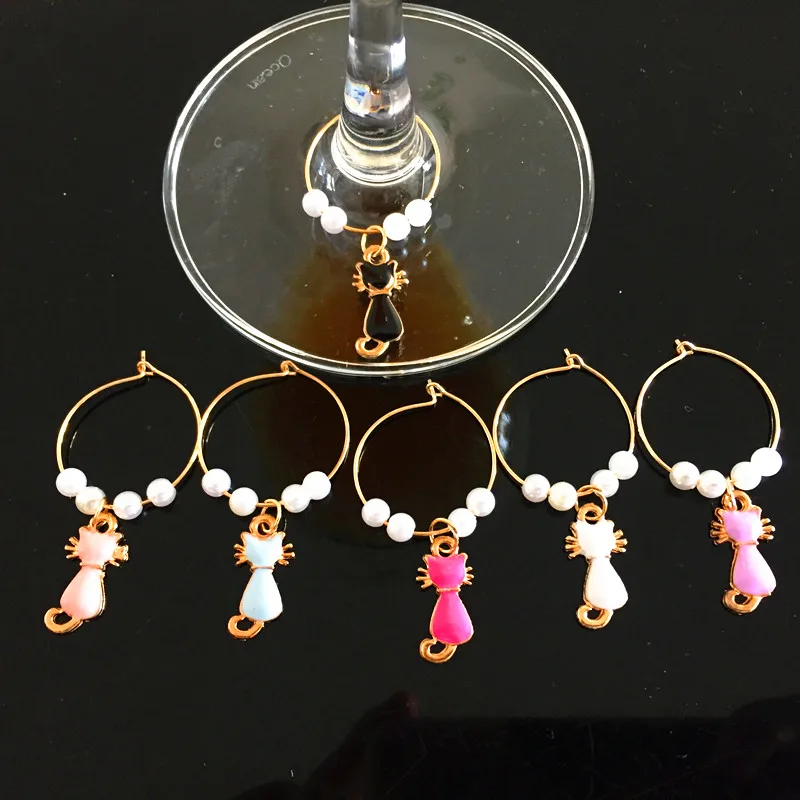 6 Pieces Kitty Cat Wine charm New Fashion Wine Glass Charms Rings Marker Christmas Party Bar Table Decorations Christmas Gift wine glass markers