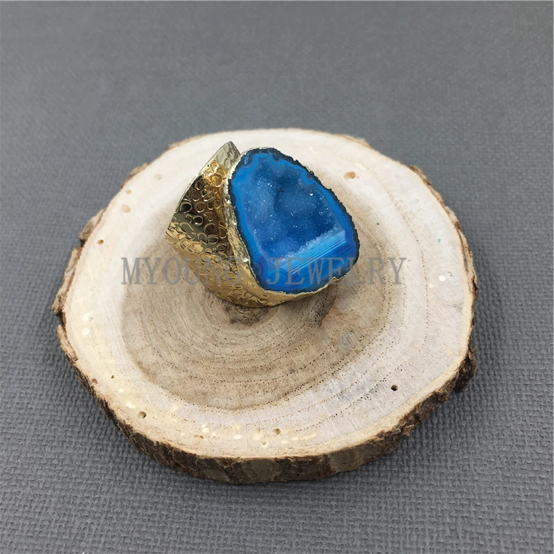 MY1040 Natural Agates Druzy Geode Rings Gold Color Base Rings (6)