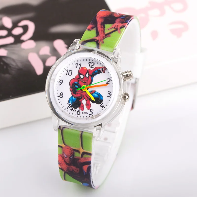Светильник со вспышкой, светящиеся Детские часы с супергероем человеком-пауком, хорошее качество, детские часы для мальчиков и девочек, детские Студенческие часы, наручные часы - Цвет: light green