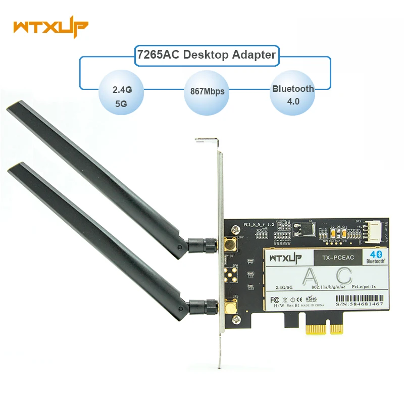 WTXUP беспроводной-AC 7265 802.11ac 867 Мбит/с+ 300 Мбит/с PCI Express Настольный WiFi адаптер Bluetooth 4,0 для Intel 7265AC ПК wifi карта