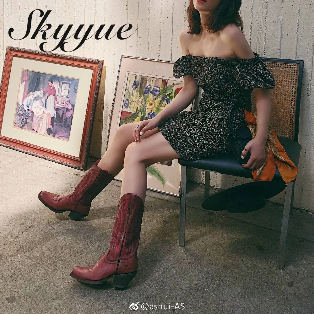 

SKYYUE New Embroidery Cowboy Motorcycle Slip On Thick Heel Women Winter Knee HIgh Boots Burgundy Shoes Women