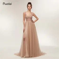 Сексуальное платье для Бала 2019 Low Neck A-Line бисерные вечерние платья длинное с разрезом роскошное выпусквечерние вечернее платье Robe de Soiree RE12