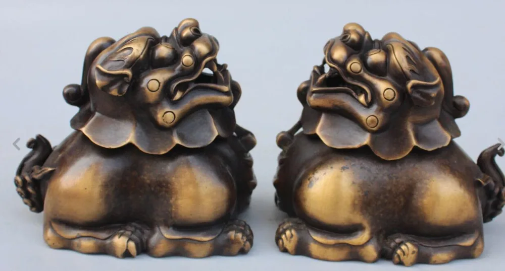 

S05722 7" Chinese FengShui Bronze Kylin Kirin Chi-Lin Incense Burner Censer Statue Pair