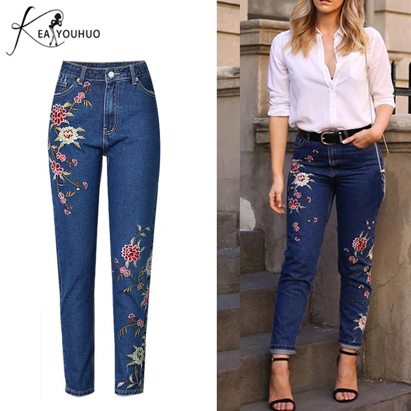 2018 Embroidery Vintage Boyfriend Jeans For Women Denim Pants Mom Jeans Woman High Waist Skinny Jeans Femme Feminino Trousers