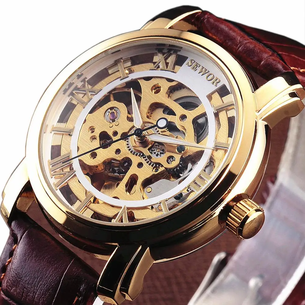 

SEWOR Men's Fashion Automatic Mechanical Watches Gold Hollow Skeleton Clock Roman Dial Leather Strap Military Wristwatch Gift