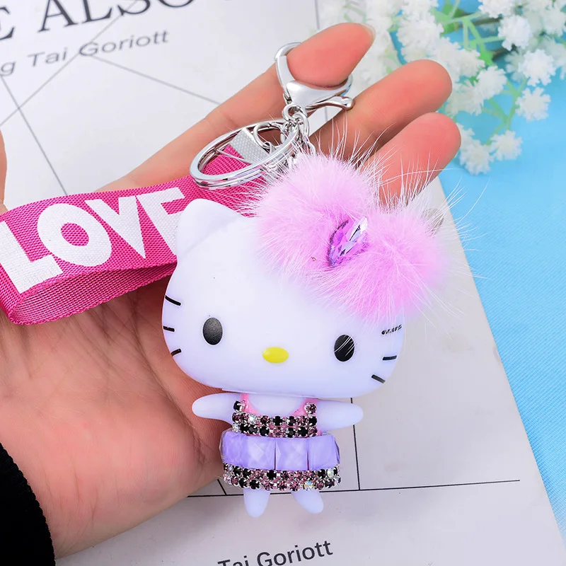 

Ribbon LOVE Rhinestone Hello Kitty Keychains Mink Fur Ball Pom Pom Fluffy KiKi KT Keyring Car Charm Bag Key Chians Porte Clef