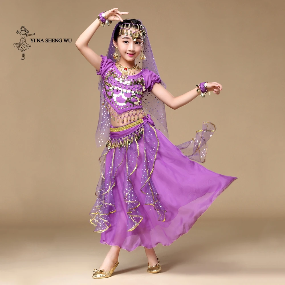 Танец живота костюмы для восточных танцев танцевальный Детский костюм для танца живота, комплекты Детские Болливуд Индии для занятий танцами; костюмы для сцены; 6 шт./компл