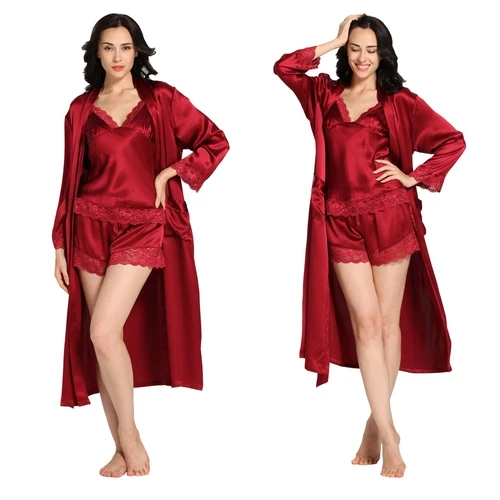 Lilysilk Long Sleepwear 3 Piece Pajama Set Women Mulberry Silk Pure Camisole Wedding Robes 22 MM Sexy Luxury Lingerie Lace - Цвет: Claret