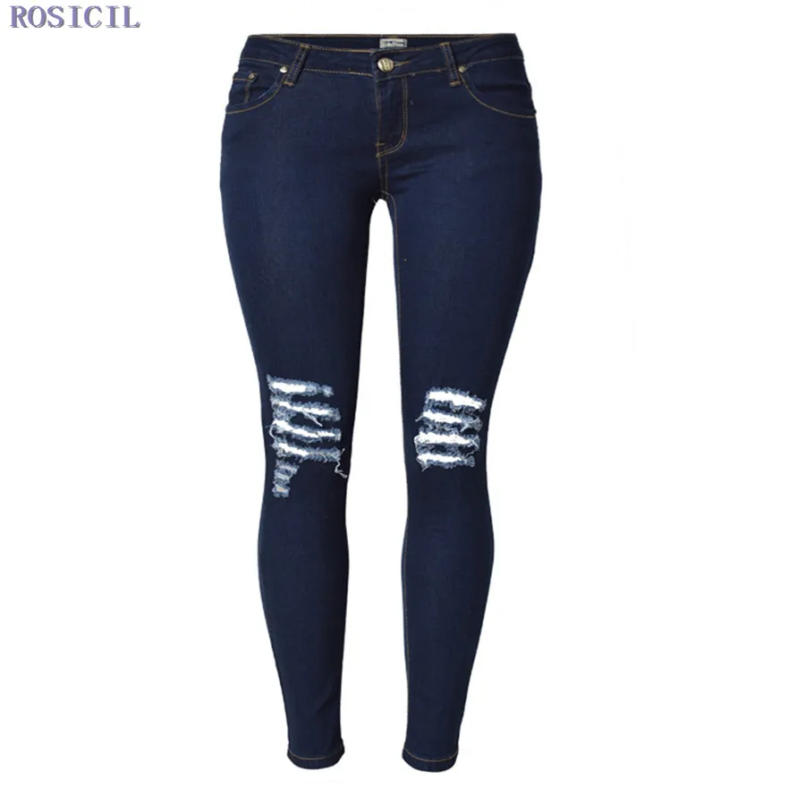 Rosicil Hot Sale Women Jeans Pencil Pants Fashion Hole Ripped Femme Denim Pants Skinny Low Waist