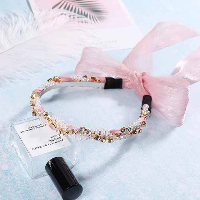 2018 New Fashion Women Elegant Crystal Pearl Long Ribbon Hairbands Hair Ornament Lady Headbands Girls Headwear Hair Accessories