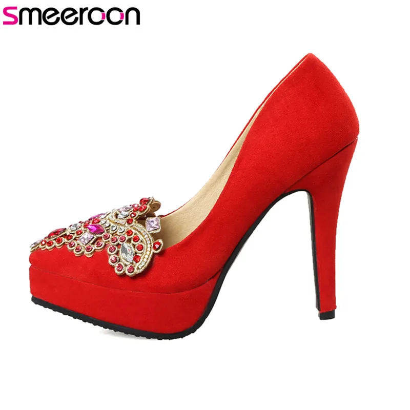 

Smeeroon 2018 spring autumn new fashion thin heels pumps slip on shallow pointed toe with crystal elegant wedding ladies shoes