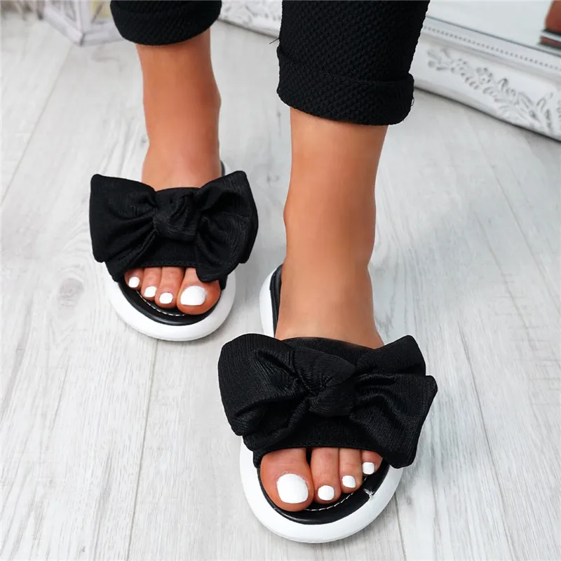 HEFLASHOR/ г. Новые Модные женские сандалии на плоской подошве с бантом Повседневная обувь без застежки с открытым носком женские босоножки, Размеры 35-43 - Цвет: black