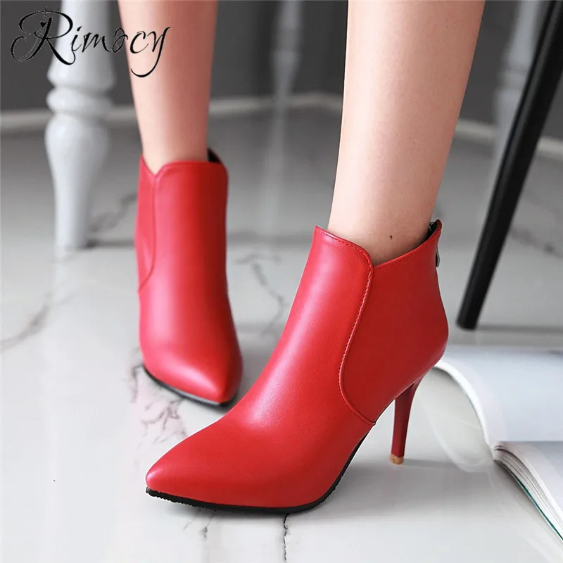 Koop RIMOCY elegante dunne hakken pumps dames sexy puntschoen botas mujer winter effen rode schoenen vrouw zwarte enkellaarsjes voor vrouwen