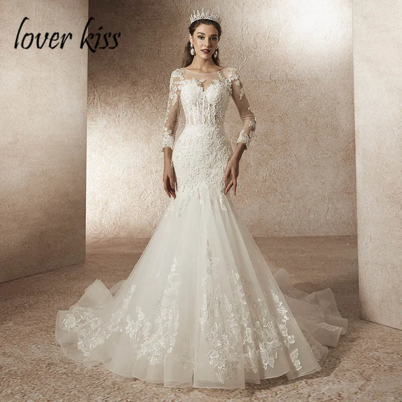 Lover Kiss Vestido De Noiva прозрачный длинный рукав Роскошные свадебные платья кружевное подвенечное платье украшенное бусами сексуальный халат mariage sirene