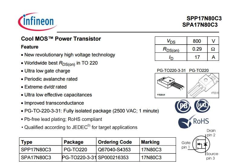 Купить 10 шт. spp17n80c3 17n80c3 17n80 ману : инфинеон пакет : к-220 ...