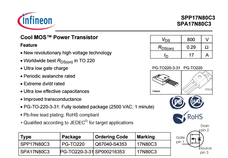 10PCS SPP17N80C3 Encapsulation:TO-220,N-Channel MOSFETs >500V900V 