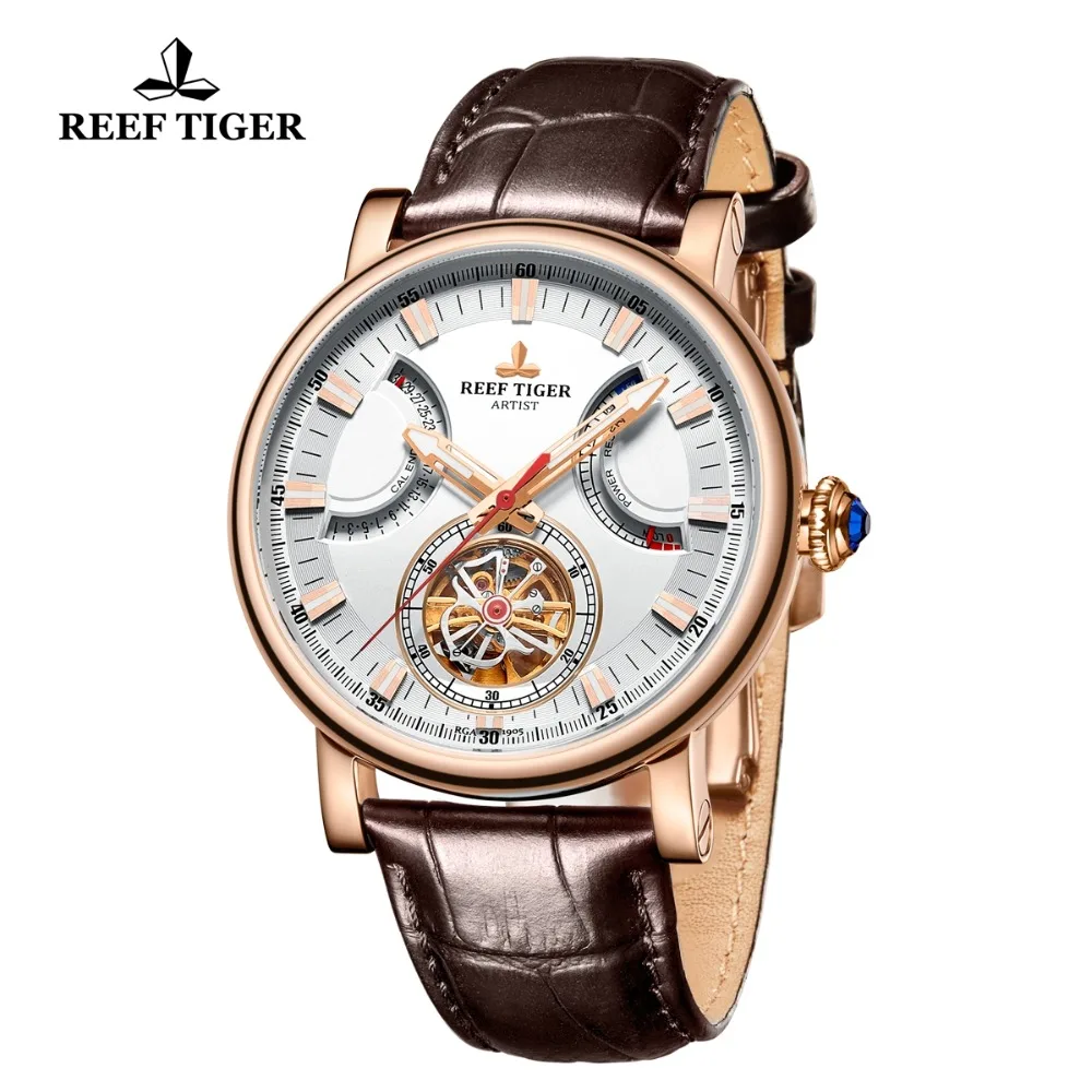 Мужские автоматические часы Reef Tiger/RT с белым циферблатом и кожаным ремешком