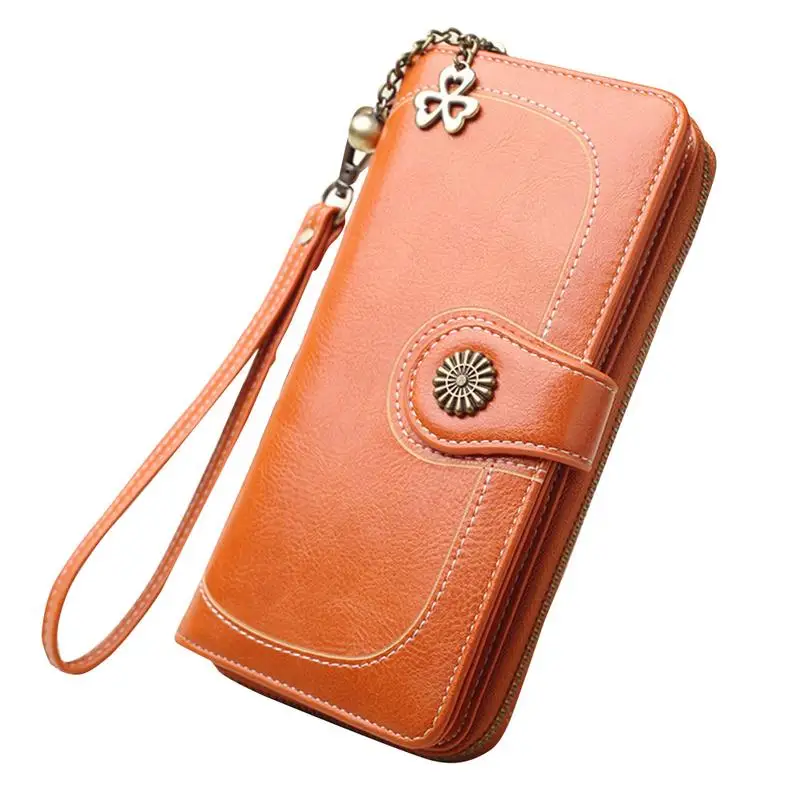 

Elegant Metal Buckle High Quality Oil Leather Wallet Retro Large Capacity Triple Fold Bag 30% Long Zipper Handbag Bag