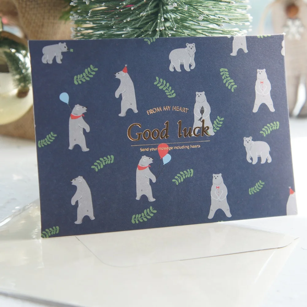 12 компл. Золотая тема синий полярный медведь удача карты Оставьте сообщение открытки, поздравительные открытки рождество приглашение с