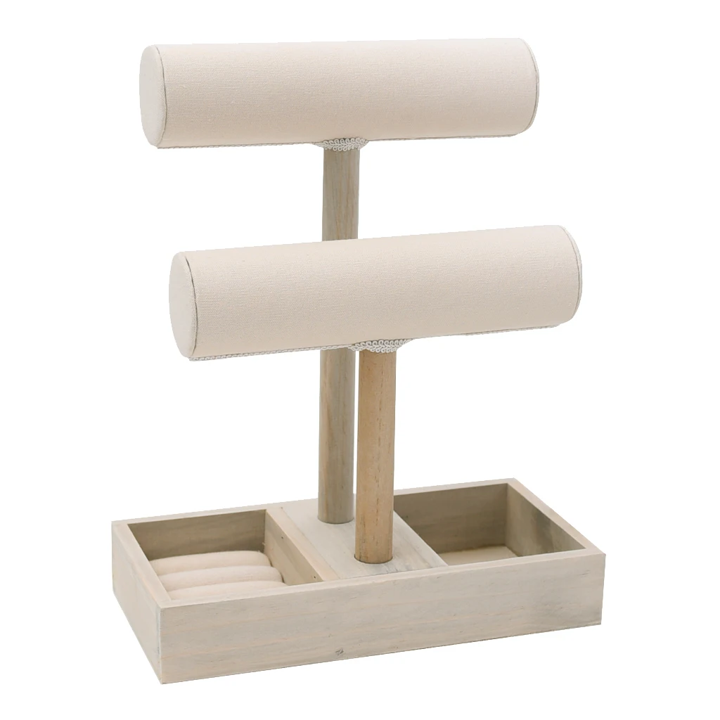 Wooden T Bar Jewelry Stand Bracelet Necklace Display Organizer Rack With Compartments Ring Holder Case Tray