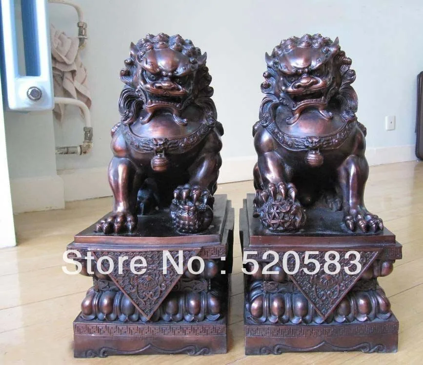 

free 17inch China Regius Pure Red Bronze Palace Door Evil Fu Foo Dog Lion Statue Pair fast