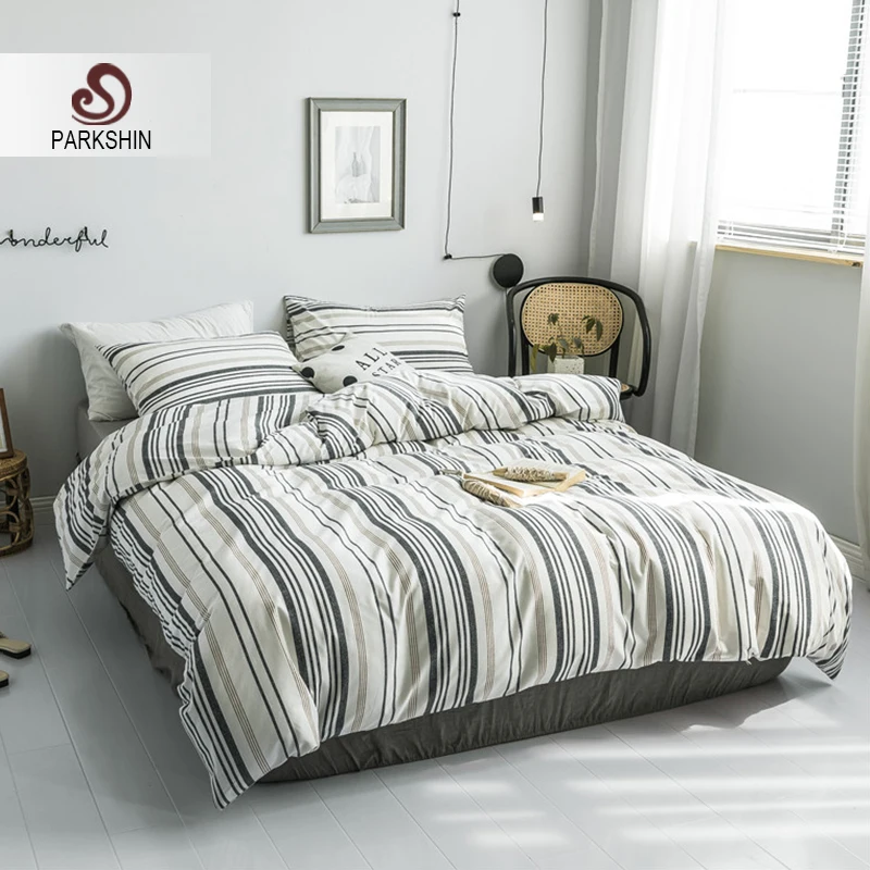 

ParkShin Duvet Cover Flat Sheet Pillowcase Nordic Bedding Set Gray Bed Linens Striped Bedspread Geometry Art Adult Bedclothes
