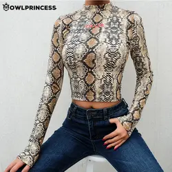 OWLRPRINCESS/Новая пикантная футболка со змеиным принтом, женская укороченная футболка с длинными рукавами, женская футболка, Vetement, уличная