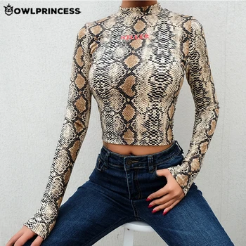 

OWLRPRINCESS New Sexy Snake Print T-Shirt Female Crop Top Long Sleeve T Shirit Women Shirts Vetement Streetwear Korean Clothes