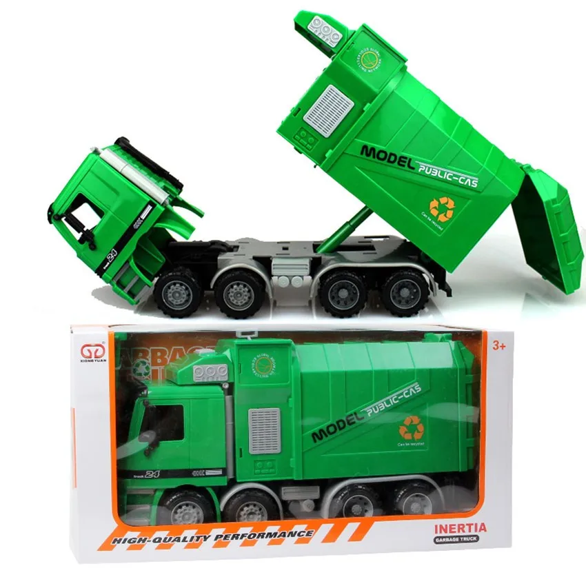 Большой размер боковой загрузки мусора передачи автомобиль триколор зеленый мусор движения санитария грузовик может быть поднят с 3 мусорное ведро игрушка