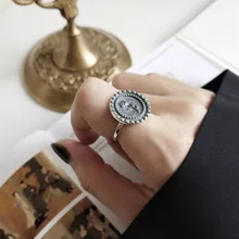 Винтаж женские Аутентичные S925 стерлингового серебра ювелирные украшения Ретро Роза Монета круглое кольцо с открытой регулировкой J434