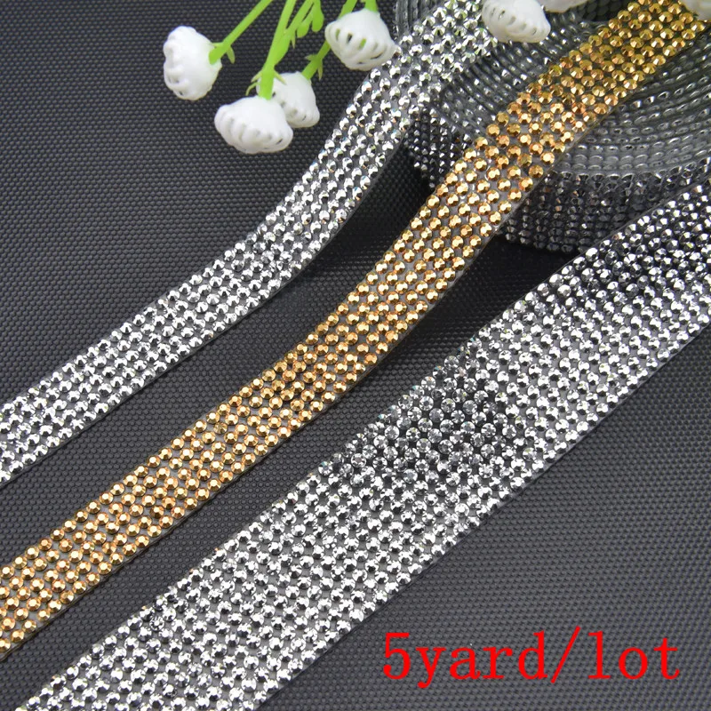 

5 Yard/Lot Resin Rhinestone Trim Hot Fix Applique 5/10 Rows Ribbon Wedding Decoration Belt Banding Silver/Gold Color Tape DIY