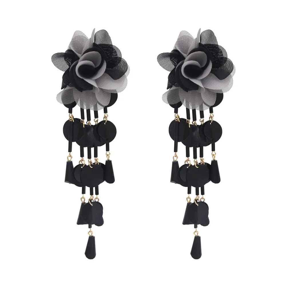 Elegant 6 Colors New Fashion Trendy Drop Earrings Fabric Lace Flower Shaped Charms Fringed Glass Sequins Long Tassel Earrings
